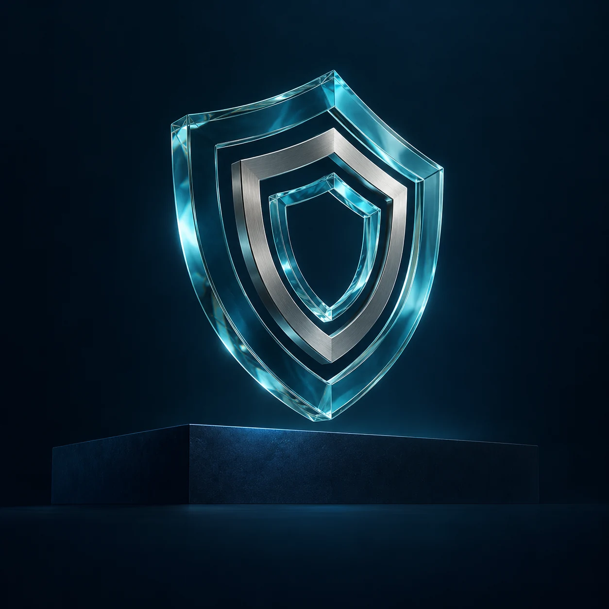 Glass and titanium shield sculpture representing layered protection
